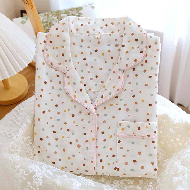 Spring and Summer New Women's Pajamas Set 100% Cotton Double-layer Gauze Long-sleeved Two-piece Set Cartoon Cute and Sweet Home