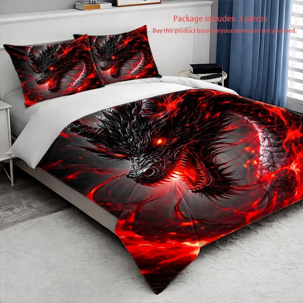 3Pc Dark Dragon Duvet Cover Set, All Season Machine Washable Bedding with 2 Pillowcases, Invisible Zipper for Double Bed