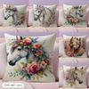 Aquarell Pferd & Blumen Kissenbezug Natürlicher Leinen Bio-Stoff Zweiseitiger Druck Sofa Heimdeko Geschenk Kissenbezug