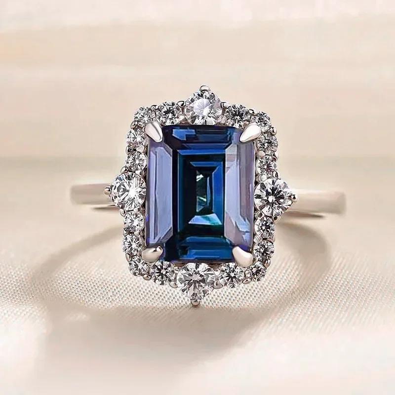 2026 New Blue Cube Zircon Attends Banquet Ring Fashionable, Elegant, High End Women's Bridal Luxury Inlaid Jewelry Accessories