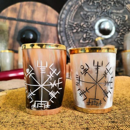Set of 6 Viking Horn Glasses with Gold Rim Small Beer Whiskey Cups Vegvisir Symbol Drinkware Handmade Gift
