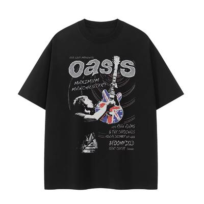 Oasis Band Retro Portre Amerikan Sokak VTG Omuz Geniş Bol Pamuklu Bisiklet Yaka Rock Erkek ve Kadın Kısa Kollu Tişört