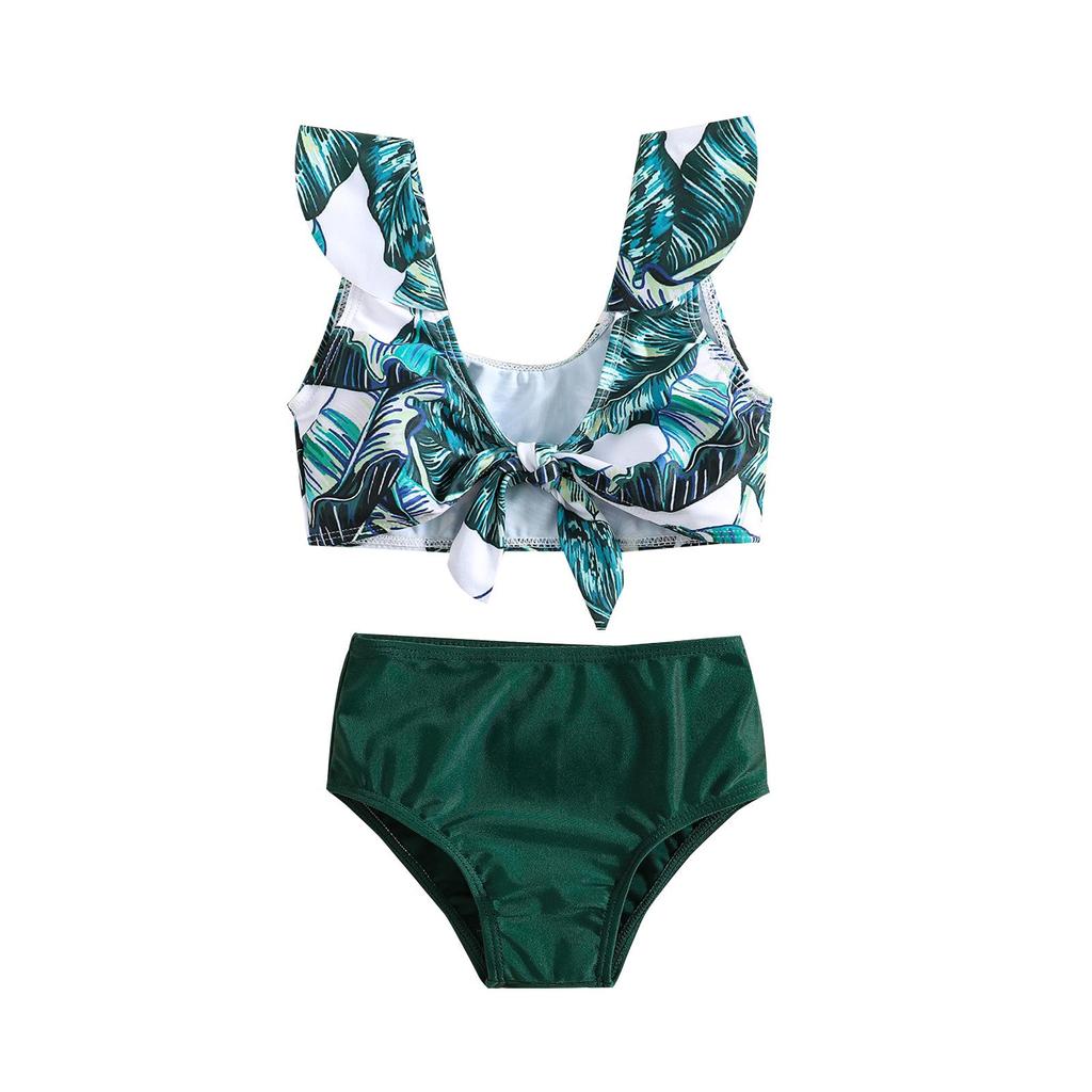 Girls' Green Leaf Print Two-Piece Bikini Set with Sun Protection