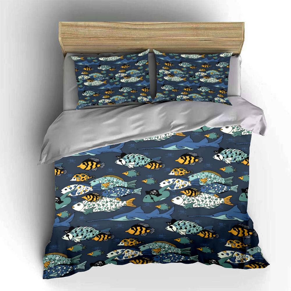 Cartoon Pirate Fish Pattern Bedding Duvet Cover Set (1*Duvet Cover 2*Pillowcases, without duvet insert)