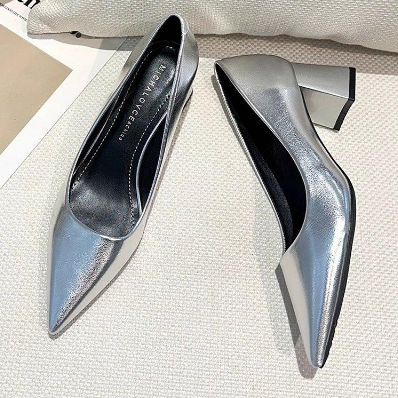 Women's Thick Heel Shoes Spring New Pointy Toe Shallow Mouth Slip-off Anti-slip Wear-resistant High Heels