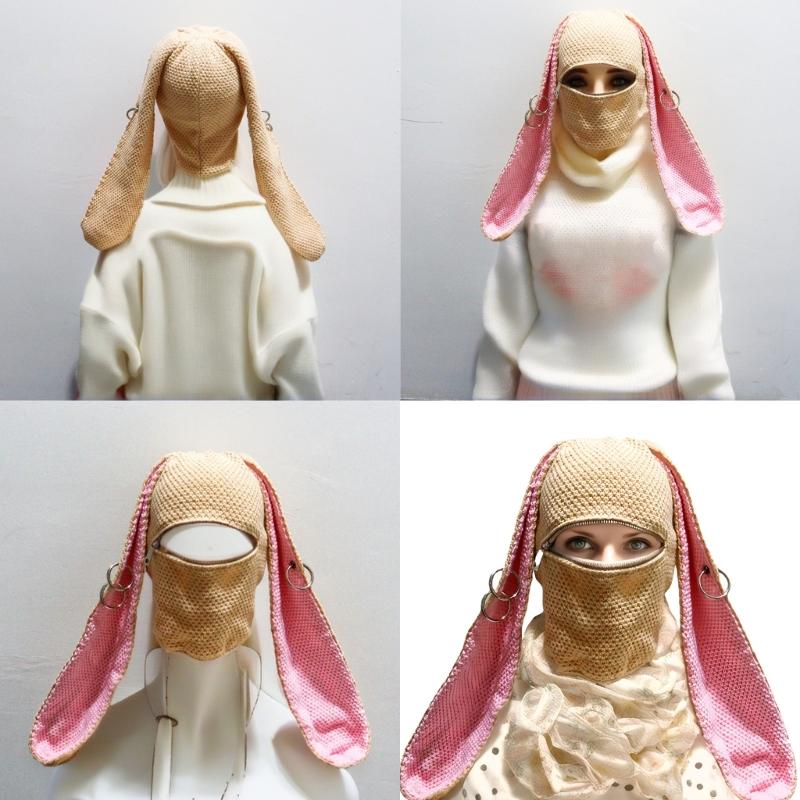 Knitted Hooded Face Mask Hat Adult Lovely Balaclava Hat with Long Rabbit Ears Teens Winter Warm Hat for Daily Use