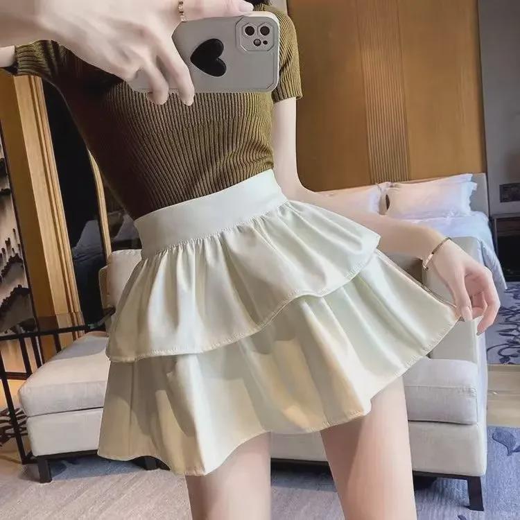 2024 Autumn/Winter Women's High Waist PU Leather A-Line Skirt - Slim, Fluffy, Anti-Exposure, Hot Girl Cake Design