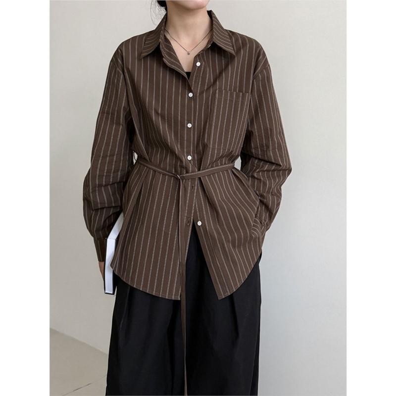 

Johnature Korean-style Striped Casual Shirt For Women Autumn Retro Simple Lapel Versatile Loose Long-sleeve Shirts M кофейный