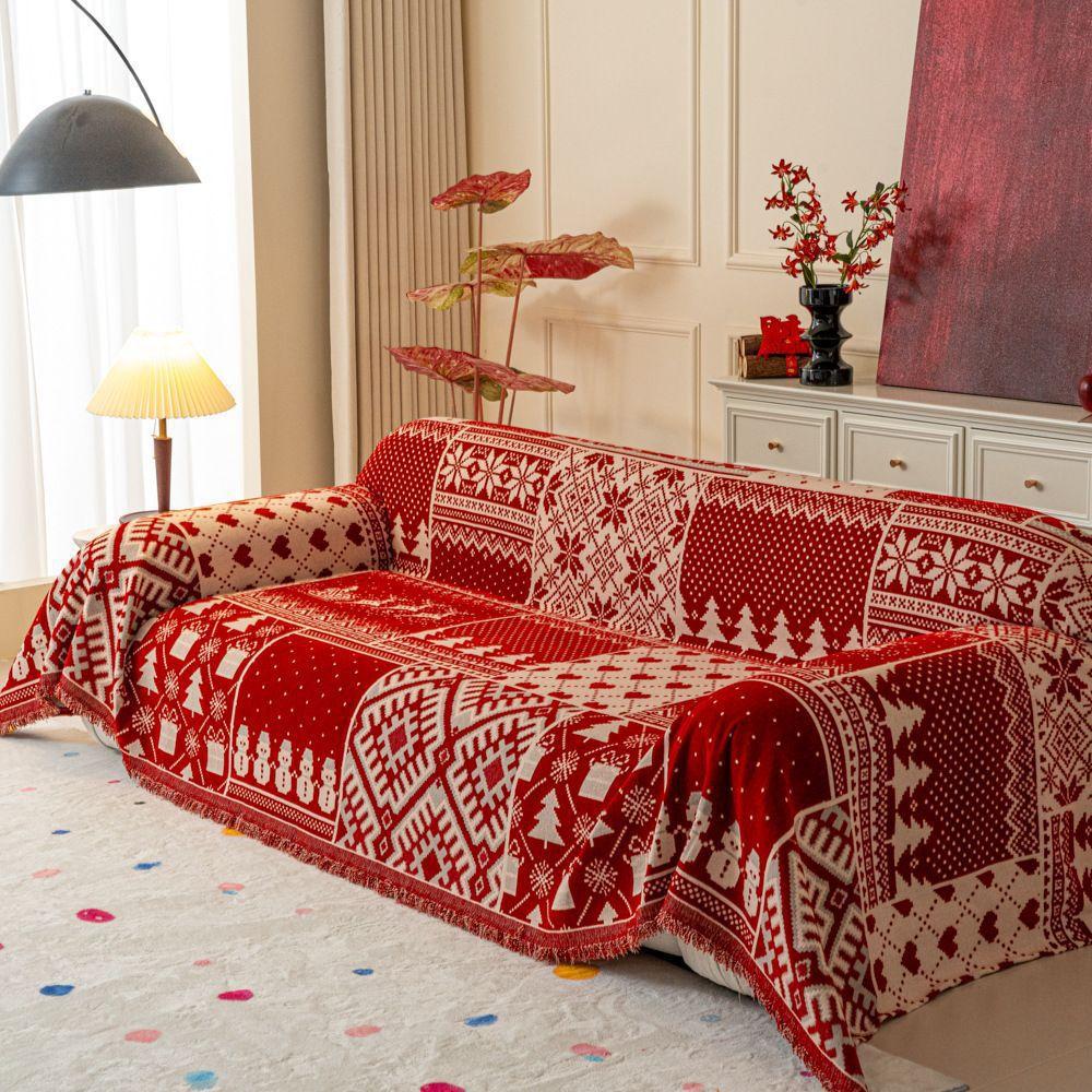 Christmas Sofa Cover Throw Blanket Red Snowflake Santa Chenille Sofa Towel Universal Furniture Protector with Tassels Xmas Home Decor for Living Room