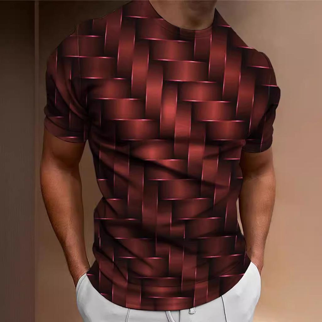 Summer Round Neck 3D Woven Pattern Print Top Fashionable Casual Short Sleeved Men's T-shirts