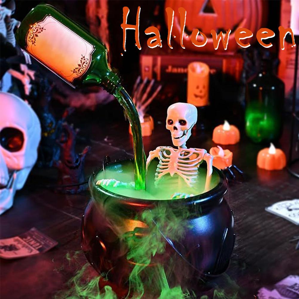 Spooky Witch Mist Maker Cauldron with Floating Bottle, Black Plastic Cauldron & Skeleton Halloween Decor LED Cauldron with Smoke
