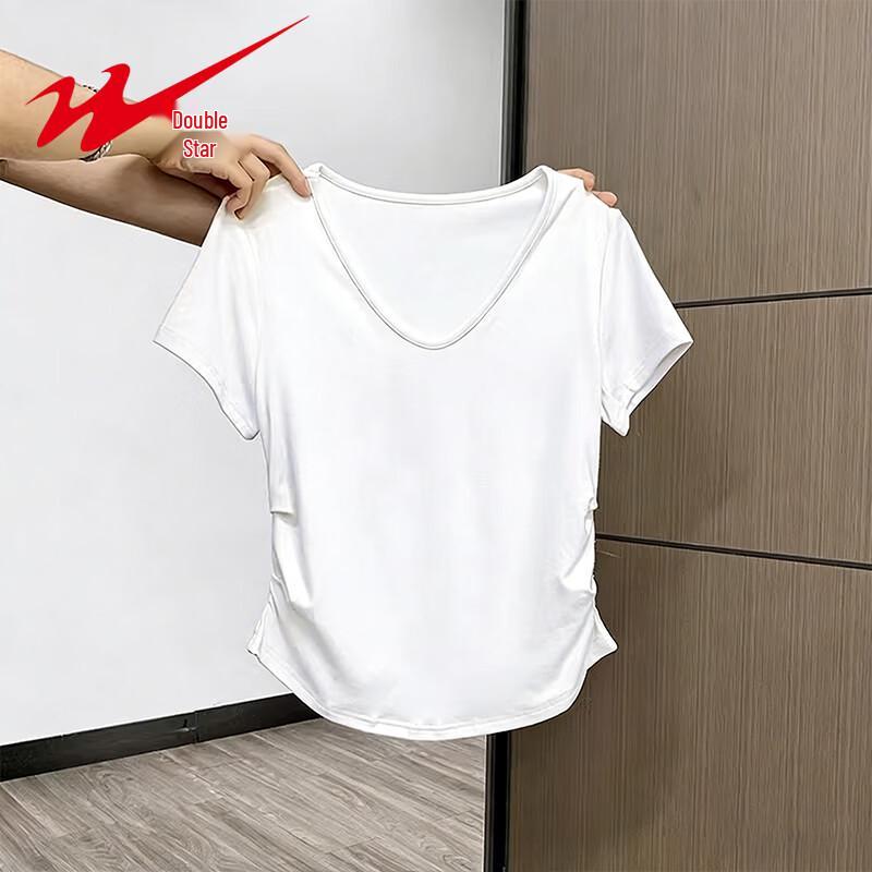 Женская футболка Shuangxing с V-образным вырезом, в рубчик, с плиссировкой S