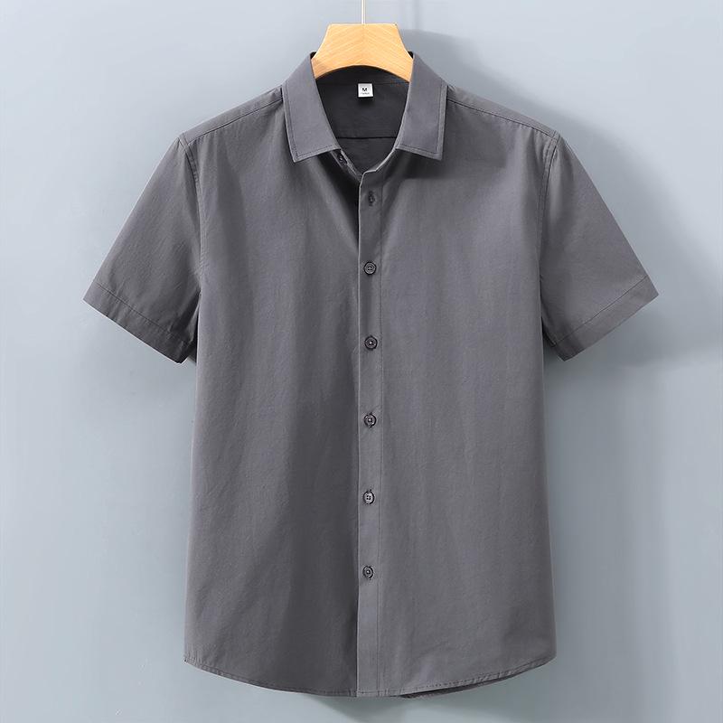 Men's Summer Heavyweight White Short-Sleeve Cotton Shirt - Solid Color Casual Lapel Design