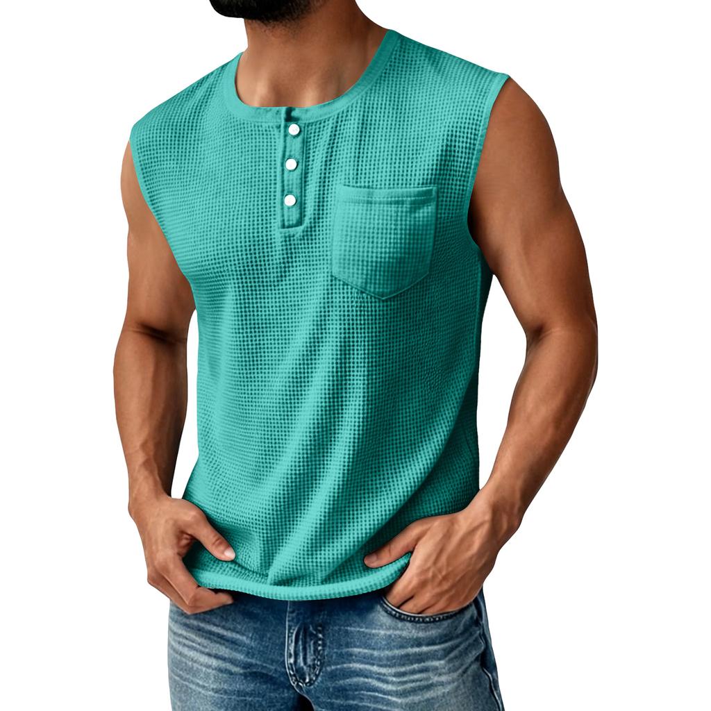 Canotta Henley da uomo in maglia senza maniche con taschino sul petto e chiusura a bottoni, vestibilità casual atletica per l'uso quotidiano