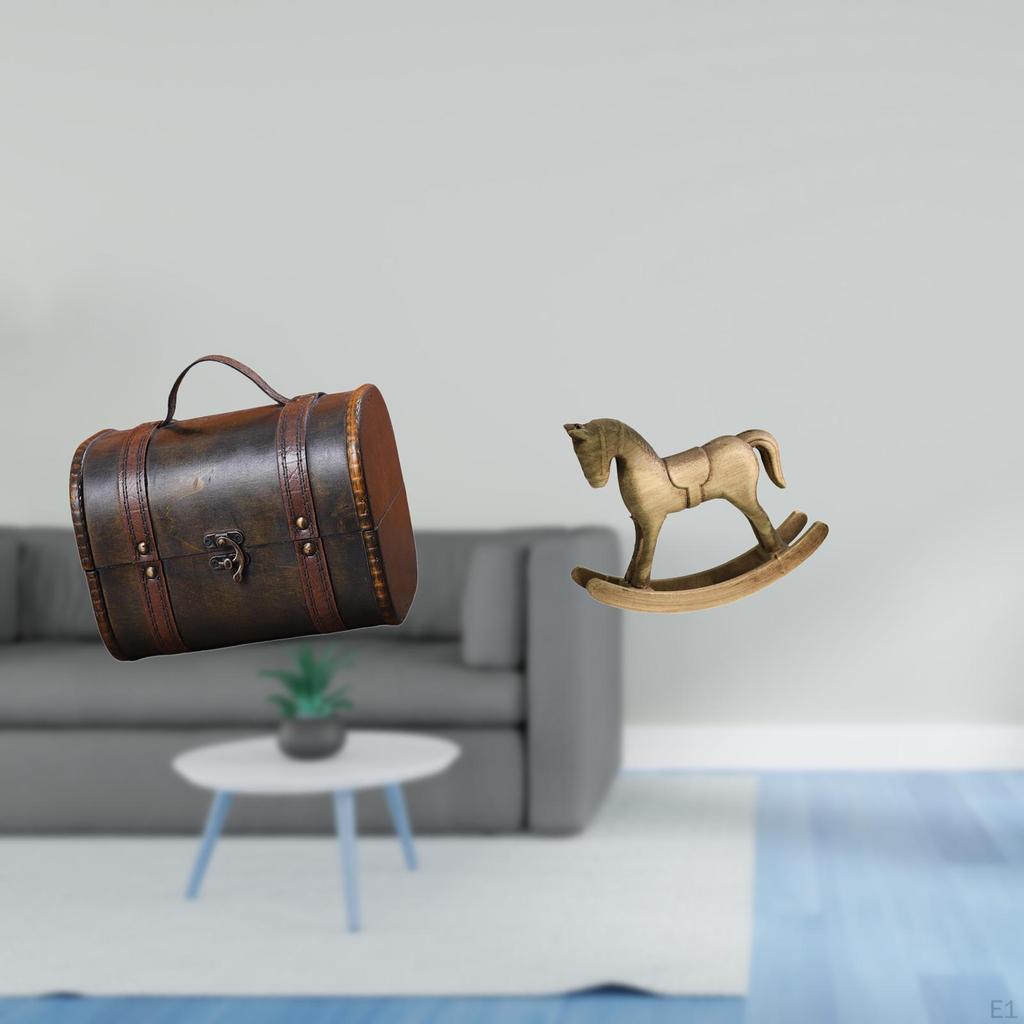 Vintage Wooden Jewelry Box Organizer Treasure Chest with Rocking Horse Figurine Rustic Home Decor