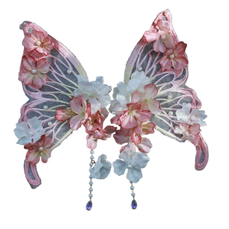 Elegant Handmade Butterfly Silk Flower Hair Clip for Women Han Costume Fringed Side Clip for Weddings and Cosplay Party розовый