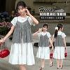Girls' summer plaid camisole dress set, stylish children's short sleeved white casual mid length skirt