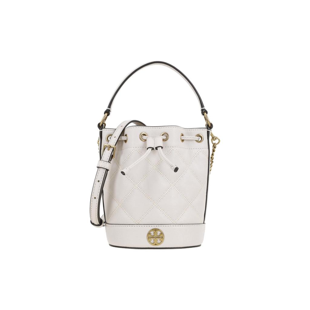 Tory Burch TB-Willa Metallic Double T Logo Diamond Quilted Drawstring Closure Detachable Chain Shoulder Strap Leather Bucket Bag Mini 148249-724