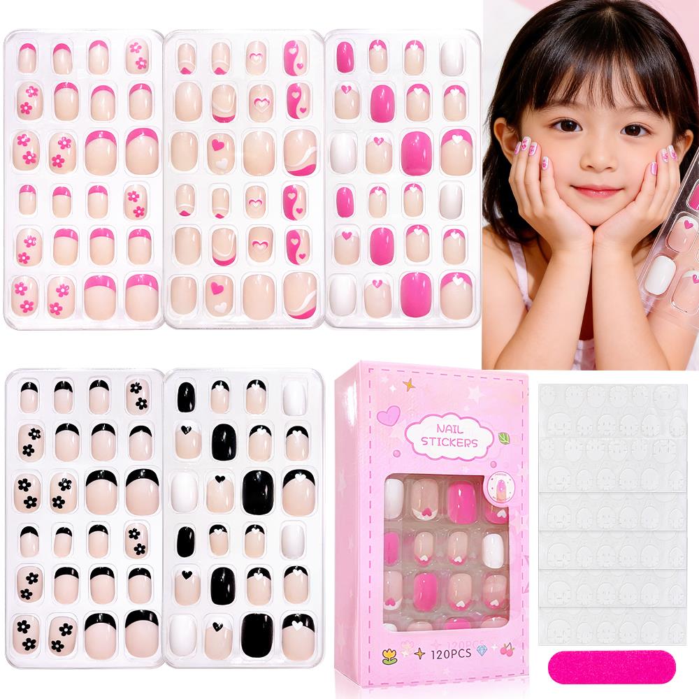120Pcs Kids French Tip Press On Nails Short Round Pink Black Heart Flower Design Reusable False Nail Tips