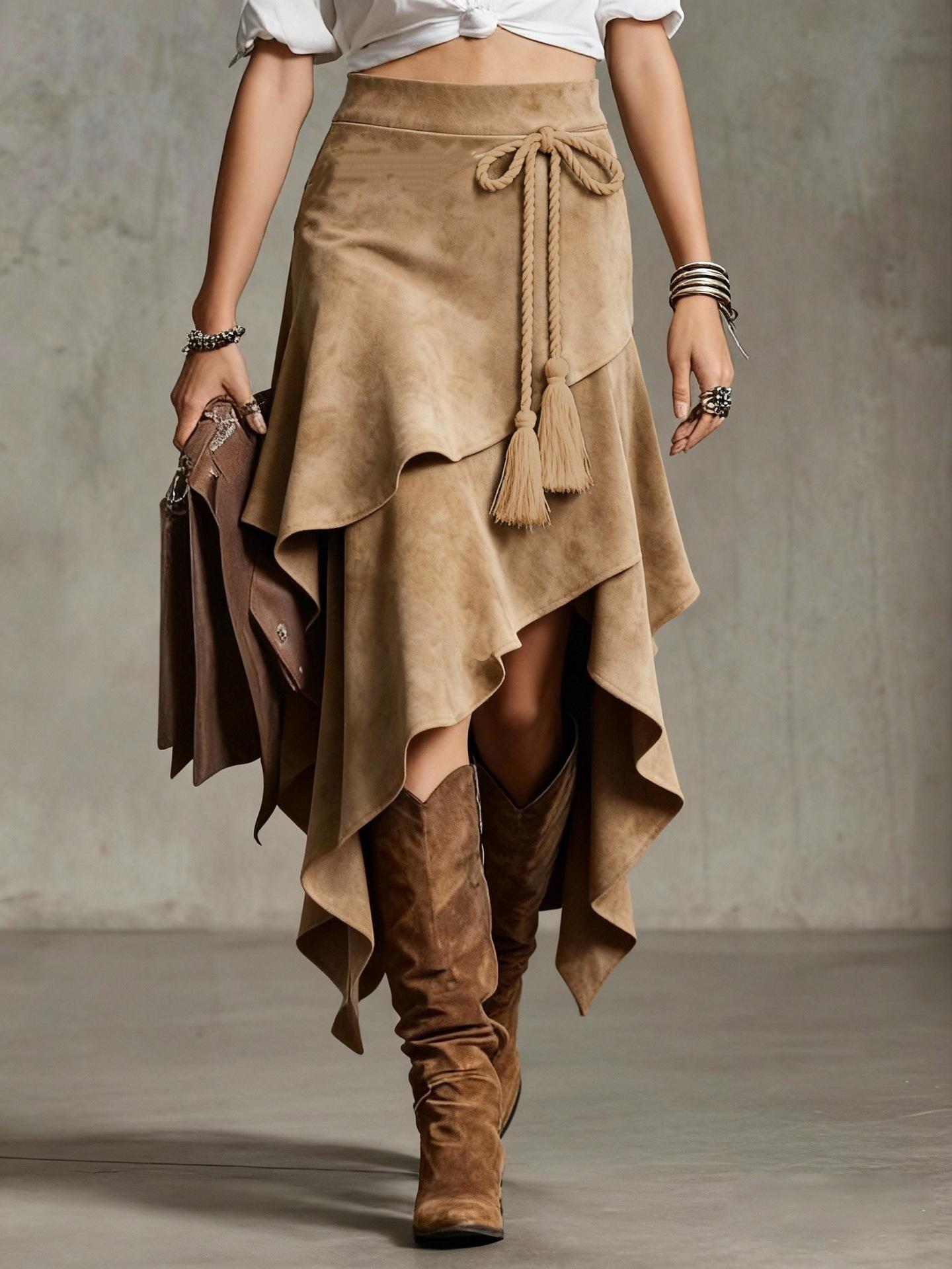 

Women s Brown Asymmetrical Hem Midi Skirt with Braided Rope Waist Tie XXL хакі