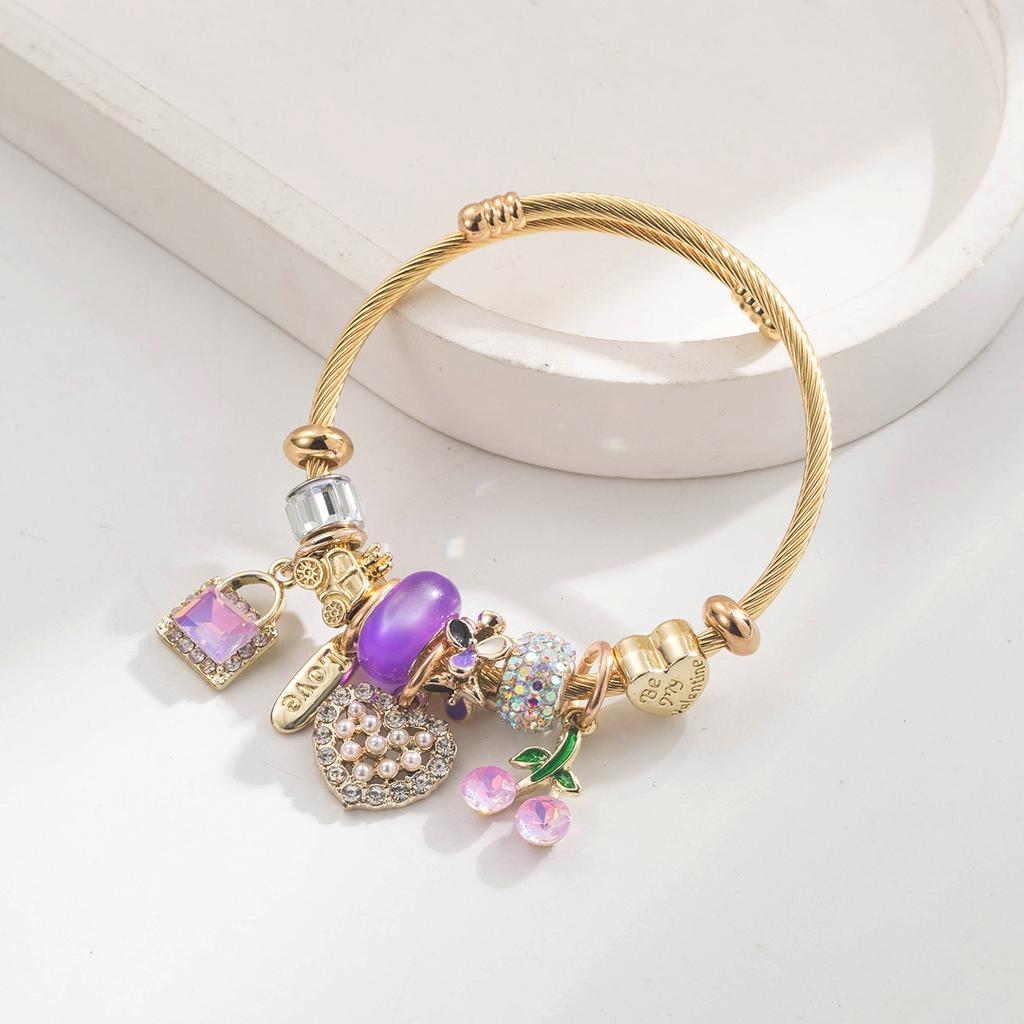 Jewelry Fashionable Golden Stainless Steel Bracelet Women Featuring Minimalist Beaded Design Heart-and-Cherry Zircon