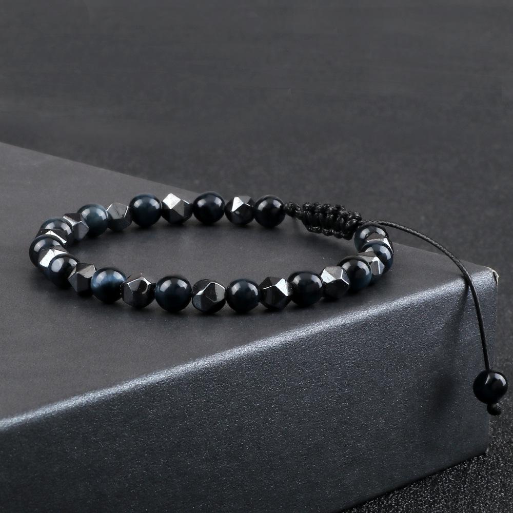 Verstelbaar Handgemaakt Geweven Armbandje met 6mm Geslepen Zwarte Galsteen Kralen