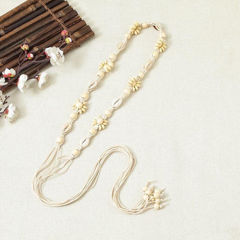 Boho Belt, Coconut Shell, Wood Beads, Hand-woven Natural Vacation Style Wax Rope for Women's Belt, Ethnic Style Waist Rope
