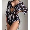 Long Sleeve Mesh Girdle One-Piece Swimsuit Women's High Waist Printed Drawstring Bikini High Waist Skinny