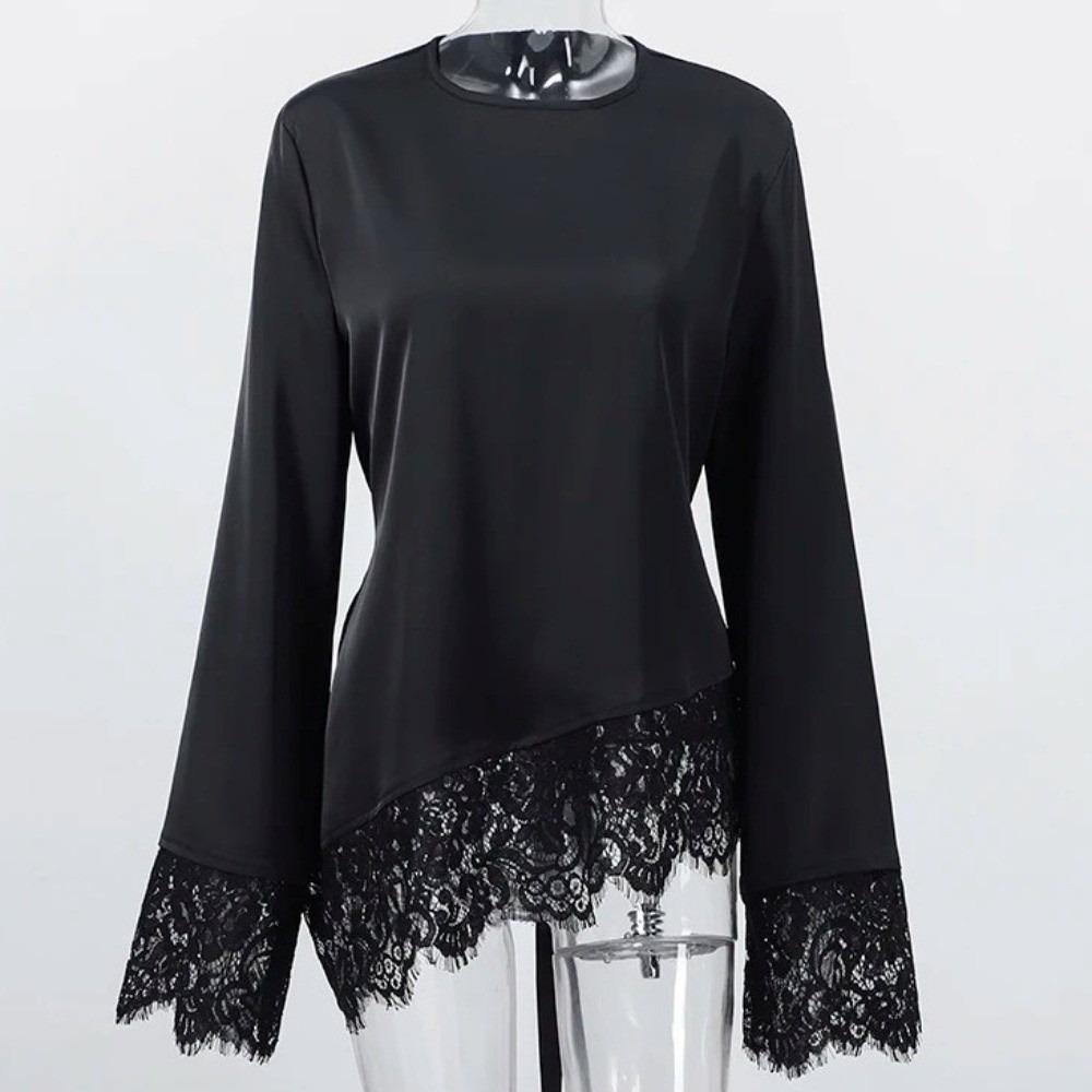 Round Neck Women s Lace-up Tops Satin Slim Belted Blouse Lace Patchwork Long Shirt  Office Ladies S Length 58cm чёрный