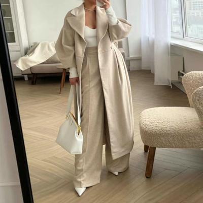 Dames Wollen Jas Double-breasted Lantaarn Mouw Vintage Overjas Herfst Winter Kraag Lange Windjack Streetwear