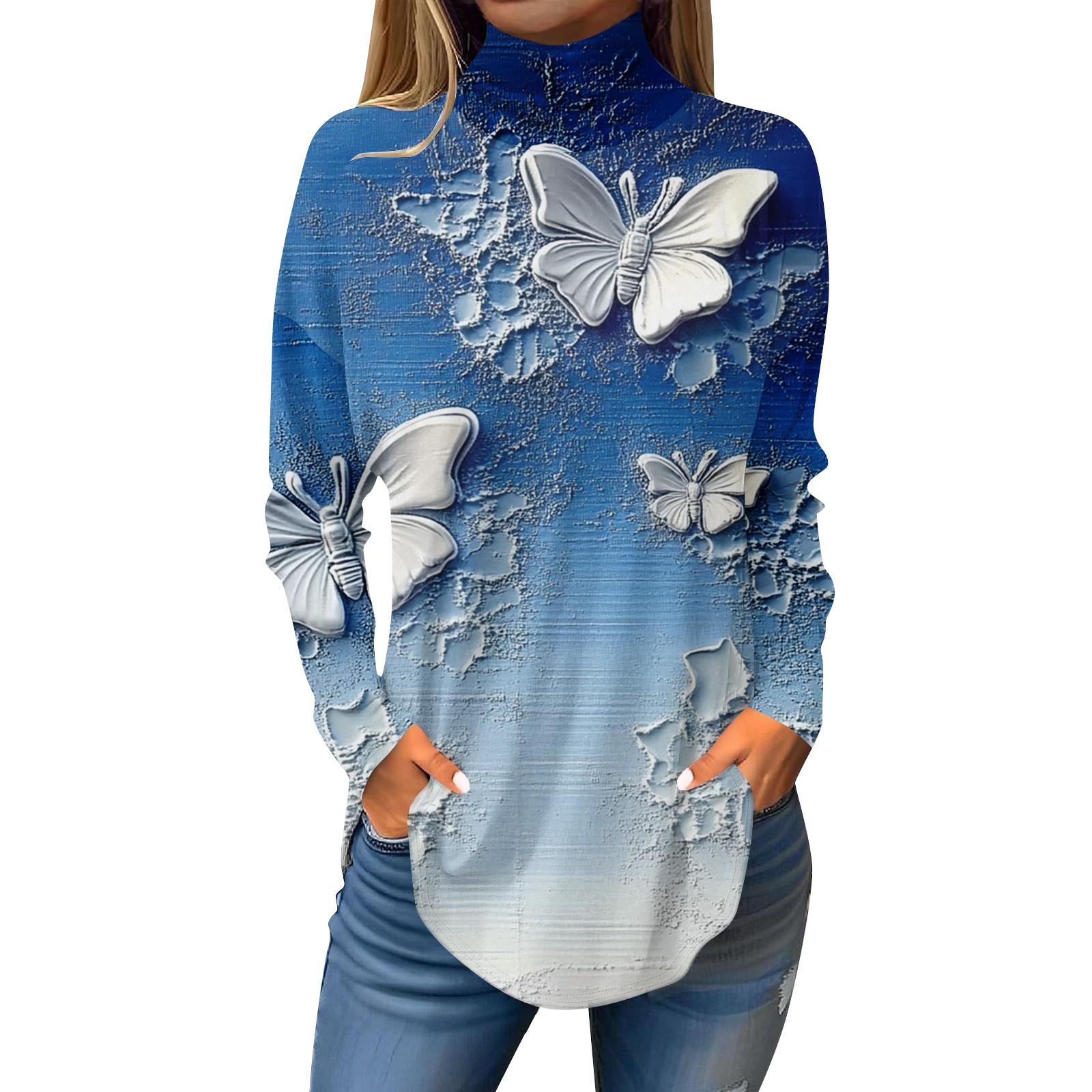 

Футболки для женщин, осенние повседневные рубашки с длинными рукавами, толстовка с винтажным принтом, топ с высоким воротом, пуловер M синий