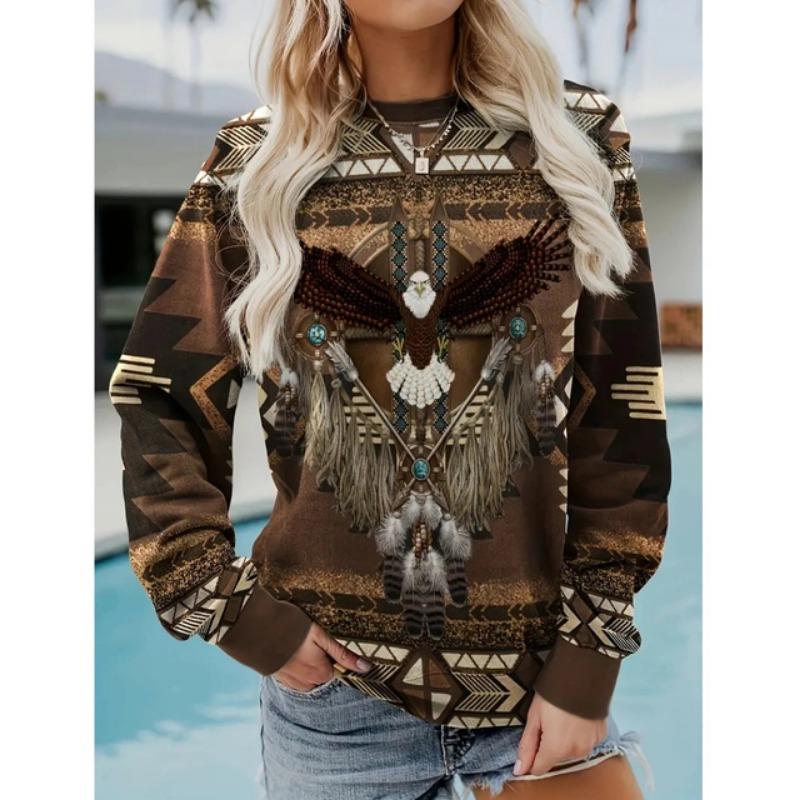 Bohemian Women's Autumn And Winter Round Neck Long Sleeved Fashions Retro Color Blocked Printed Sweatshirt Casual Top