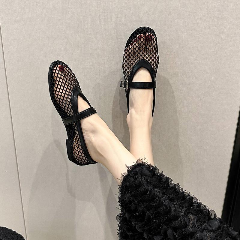 New Fishnet Ballet Flats Woman Chic Brand Design Hollow Out Lace Mary Jane Shoes Ladies Summer Sandals Breathable Mesh Zapatos