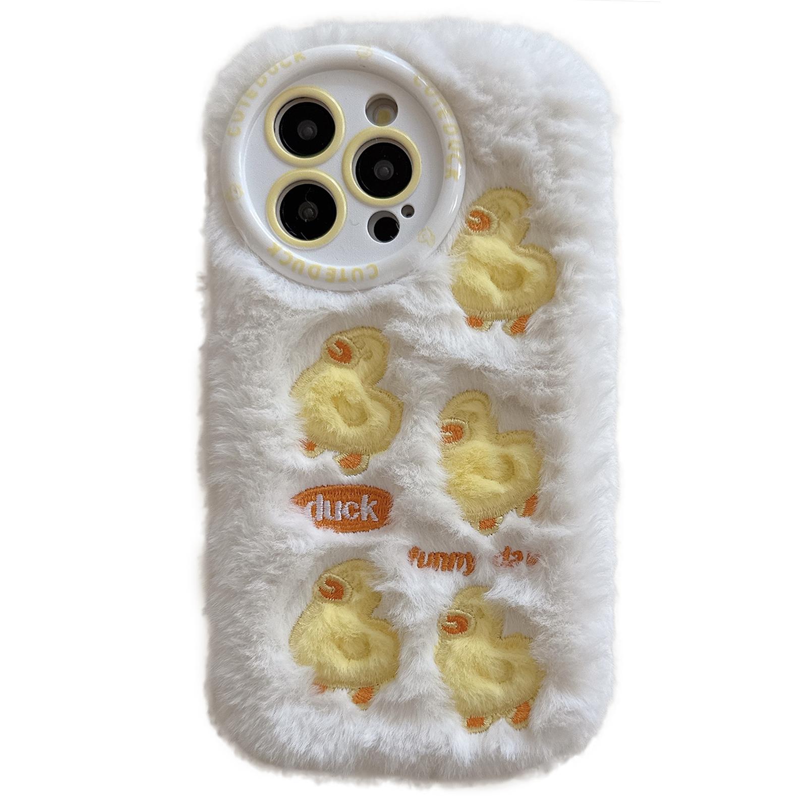 

For iPhone 16 Pro Case Duck Embroidery Furry Warm Plush Soft TPU Phone Cover White