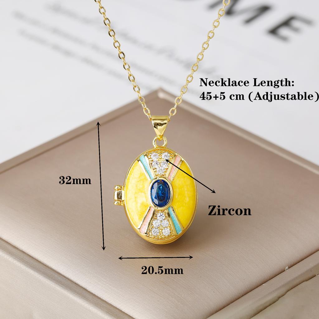 New Design Openable Oval Enamel Art Zircon Pendant Necklace Photo Box Fashion for Women Girls Party Jewelry Friendship Gift