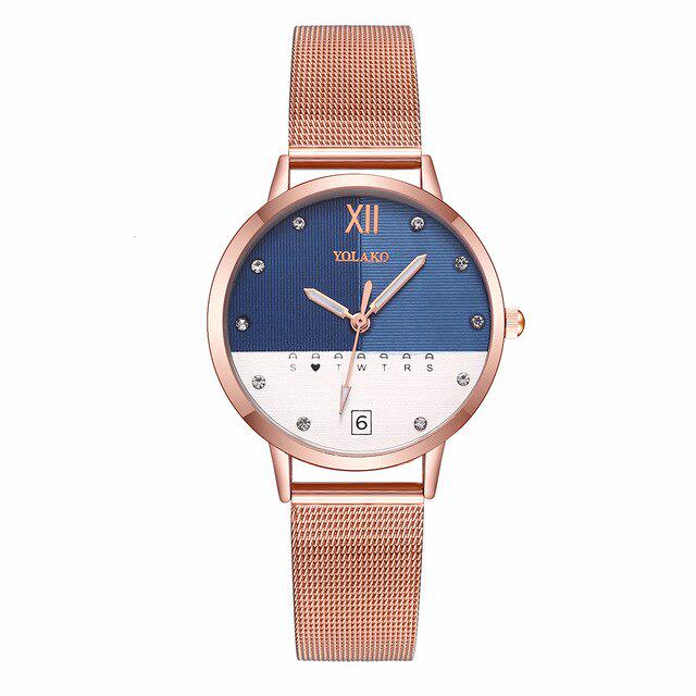 Mode Frauen Rose Gold Edelstahl Mesh Gürtel Doppel Farbe Uhr Luxus Damen Quarzuhr