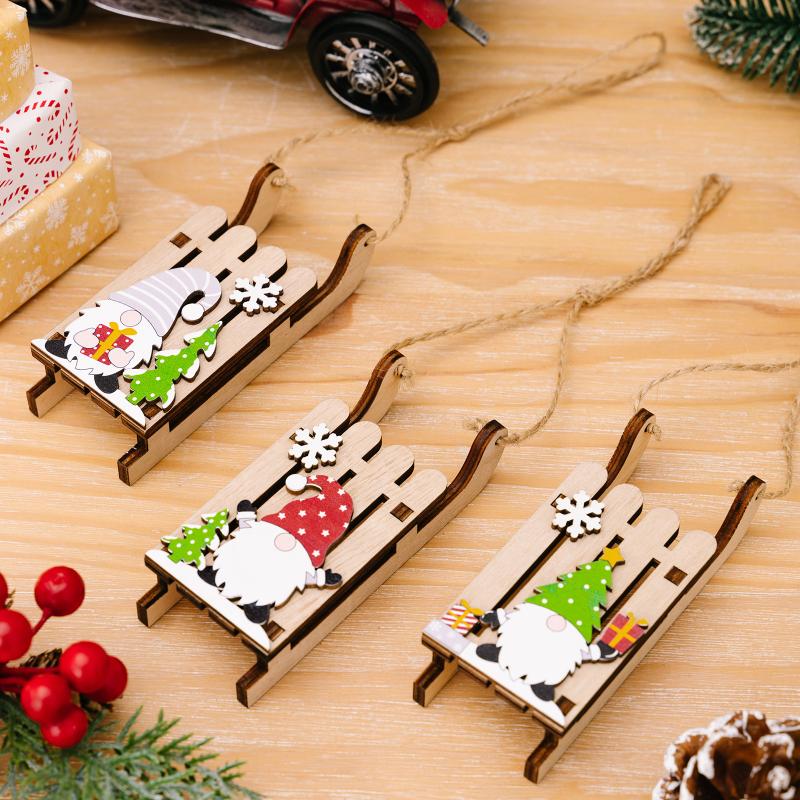 Christmas Tree Hanging Decor Wooden Christmas Sleigh Ornament Wood Gnomes Pendant Home Office Party Diy Christmas Decoration