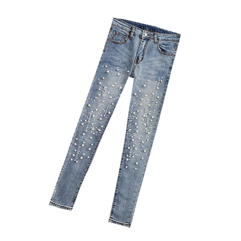 Jeans Skinny Denim Dimagranti Strappati con Perline Europee per Donna - Collezione Estate 2026