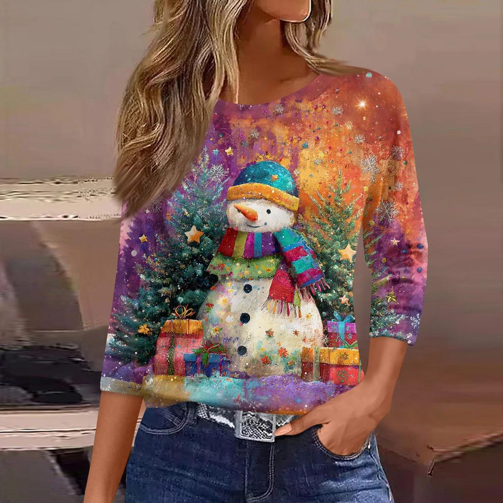 3/4 Sleeve Shirts For Women Print Graphic Tees Blouses Casual Plus Size Basic Tops Pullover