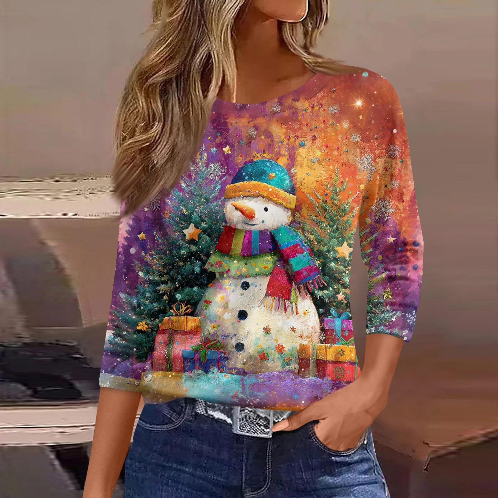 

3/4 Sleeve Shirts For Women Print Graphic Tees Blouses Casual Plus Size Basic Tops Pullover XXXL