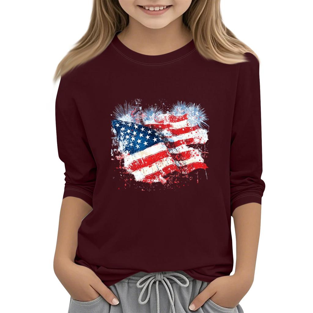 Kinder-T-Shirt mit Rundhalsausschnitt, Dreiviertelärmeln und Dreiviertelärmeln zum Unabhängigkeitstag