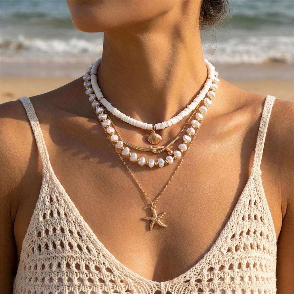 Boho Multilayer Starfish Shell Conch Pendant Necklace For Women Trendy Summer Beach Pearl Chains Choker Travel Party Jewelry
