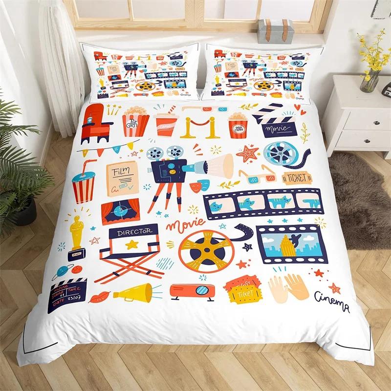 Movie Time Duvet Cover Set Cartoon Popcorn Bedding Set Microfiber Film Pattern Comforter Cover Home Theater Decor Queen Bed Set