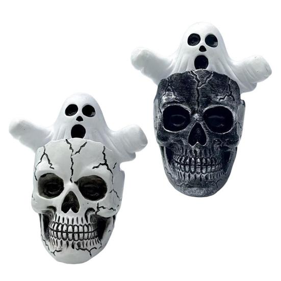 Mini Skull Head with Ghost Figurine Spooky Skeleton Head Ghost Halloween Decor for Gothic Porch Indoor Office Desk Tabletop Mantel Decoration