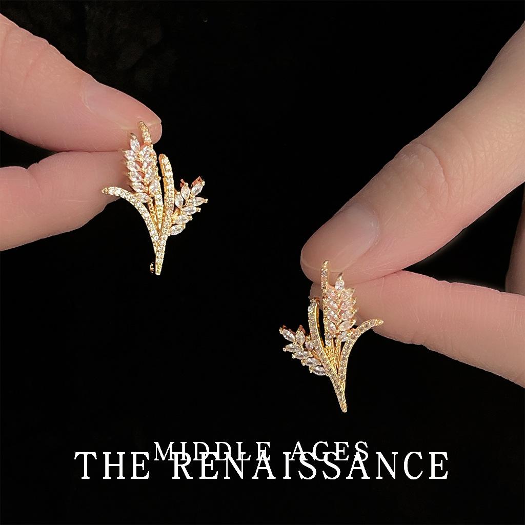 Light medieval full zirconium wheat ear earrings literary and retro design studs light luxury ear jewelry