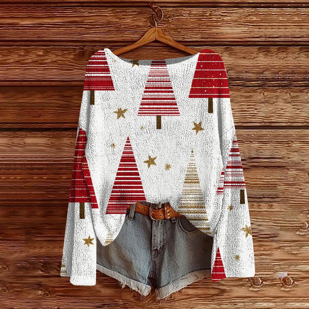 Women's Fashion Christmas Print Lightweight Sweater Casual Long-Sleeve Knit Pullover Top