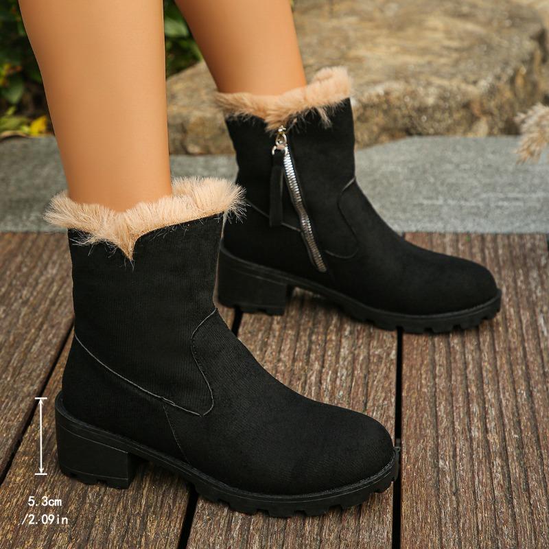 Women's Wide Width Side Zipper Snow Boots, Plush Lined Slip-On Ankle Boots, Chunky Heel Wholesale Booties in Stock