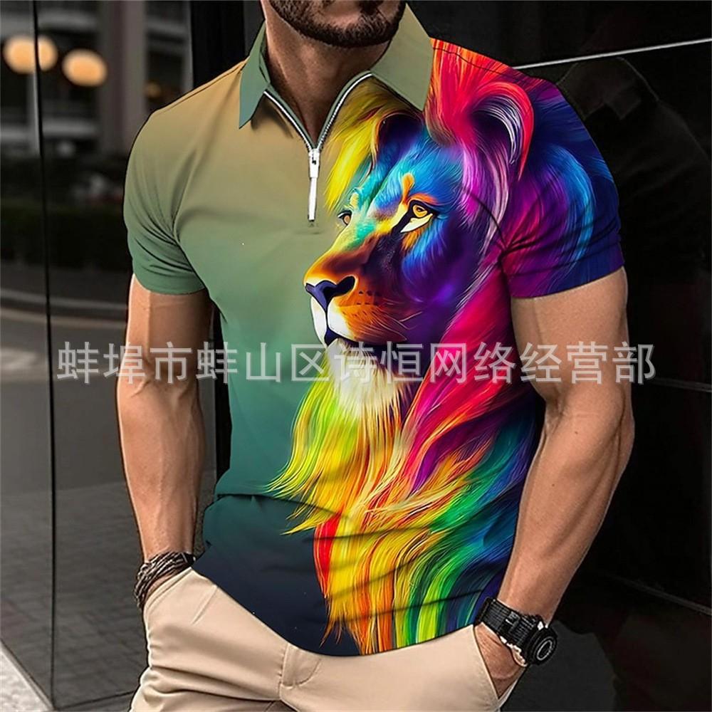Independent Station Men'S Trend Cool Lion 3D Digital Printing Polo Personalized Short Sleeve Top