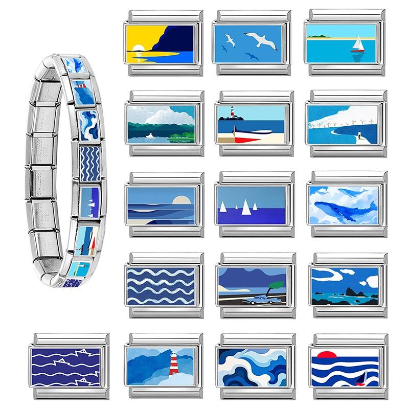 Fashion Blue Series Seaside Scenery Seawave Sailing Italian Charm Links Fit 9mm Stainless Steel Bracelet Jewelry DIY Making