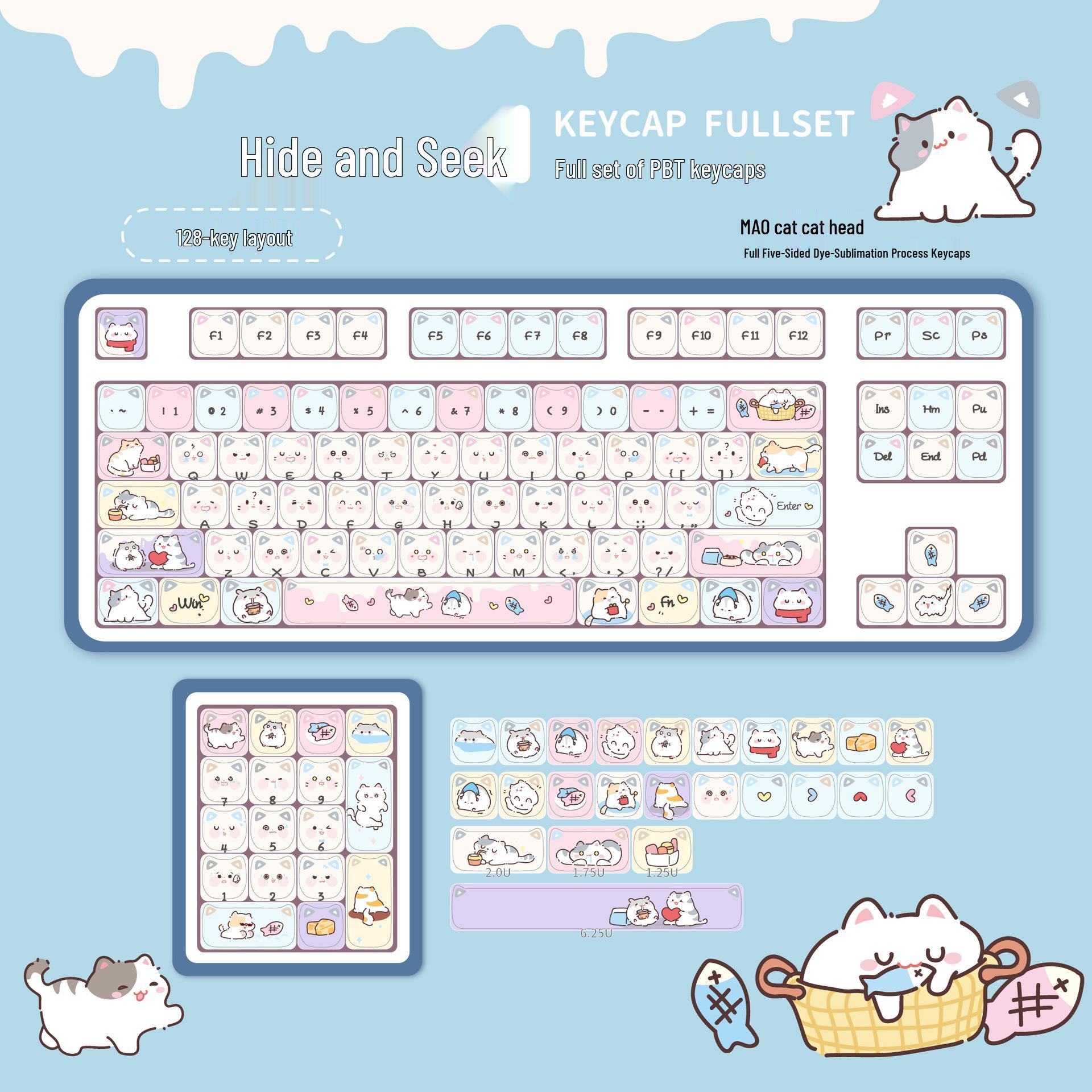 Hide-and-Seek Cat Theme PBT Keycap - Five-Sided Dye-Sublimation for Mechanical Keyboards